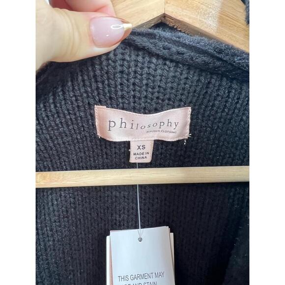 Philosophy Jacket Size XS Black Draped Open Front Faux Fur Collar Knit Chic - Picture 6 of 11